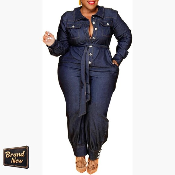 Pants - Plus Size Denim Jumpsuit Long Sleeve Button Down Overalls Casual Wear